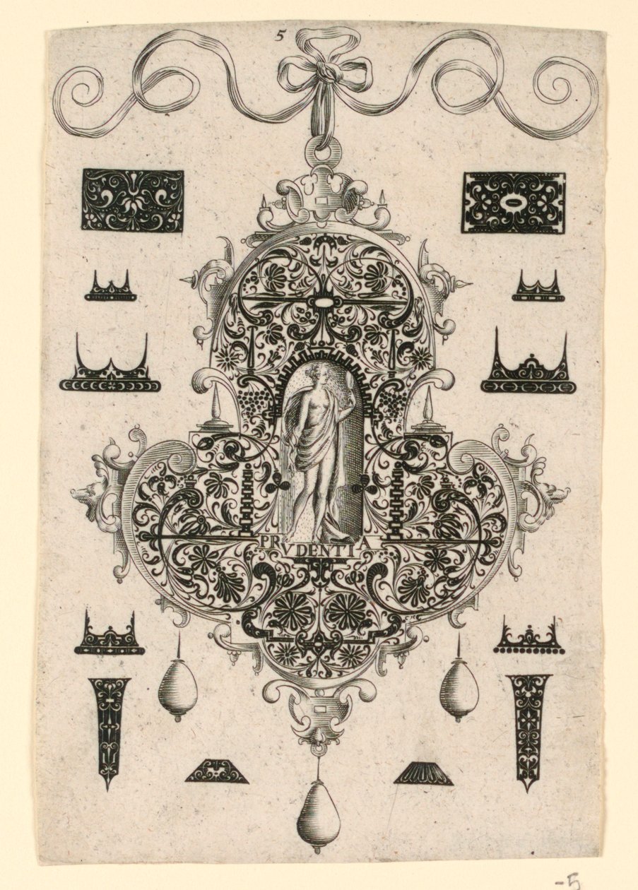 Plaat 5, uit een serie van acht hangende ontwerpen met de kardinale deugden door Johann Theodor de Bry