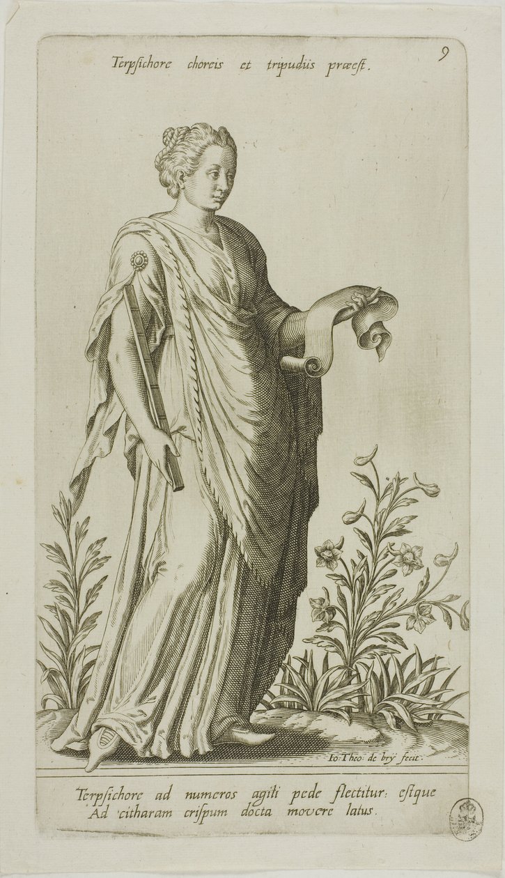 Terpsichore, Muze van Dans, plaat 9 uit Parnassus Biceps door Johann Theodor de Bry