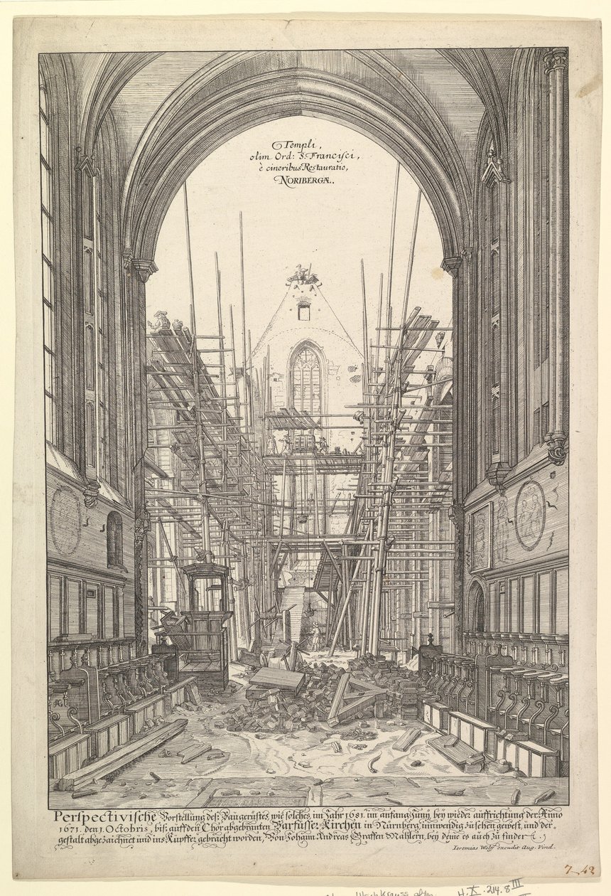 Uitzicht op de kerk van de Franciscanen in Neurenberg onder reconstructie, uit de serie V....n.d. door Johann Ulrich Kraus