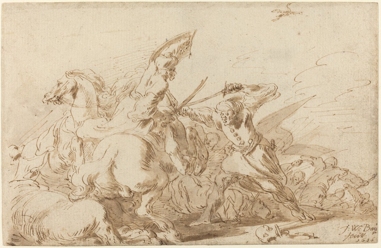 Een gevecht tussen oosterse cavalerie en soldaten door Johann Wilhelm Baur