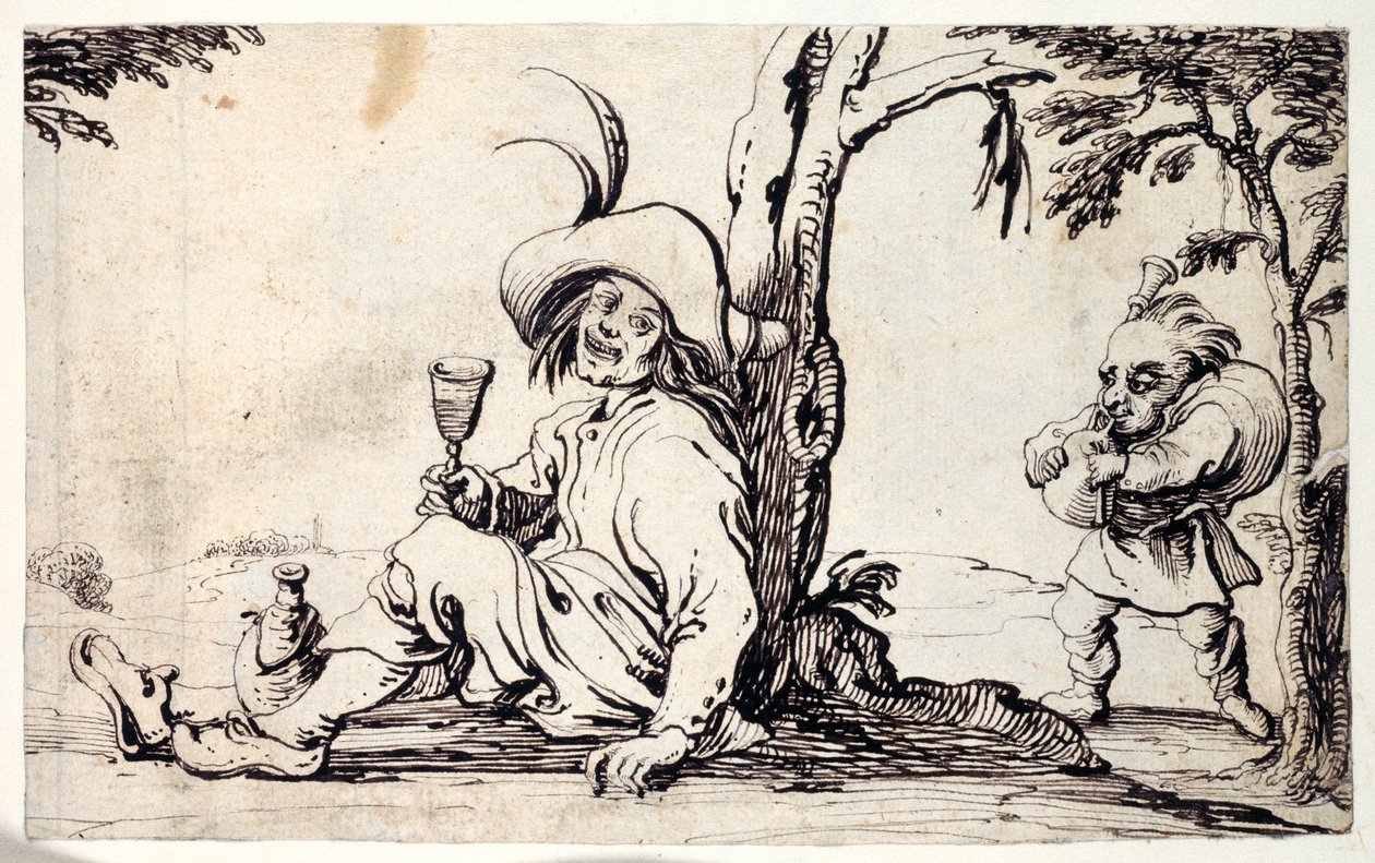 Landman zittend en verfrissend en een dwerg met doedelzakken door Johann Wilhelm Baur