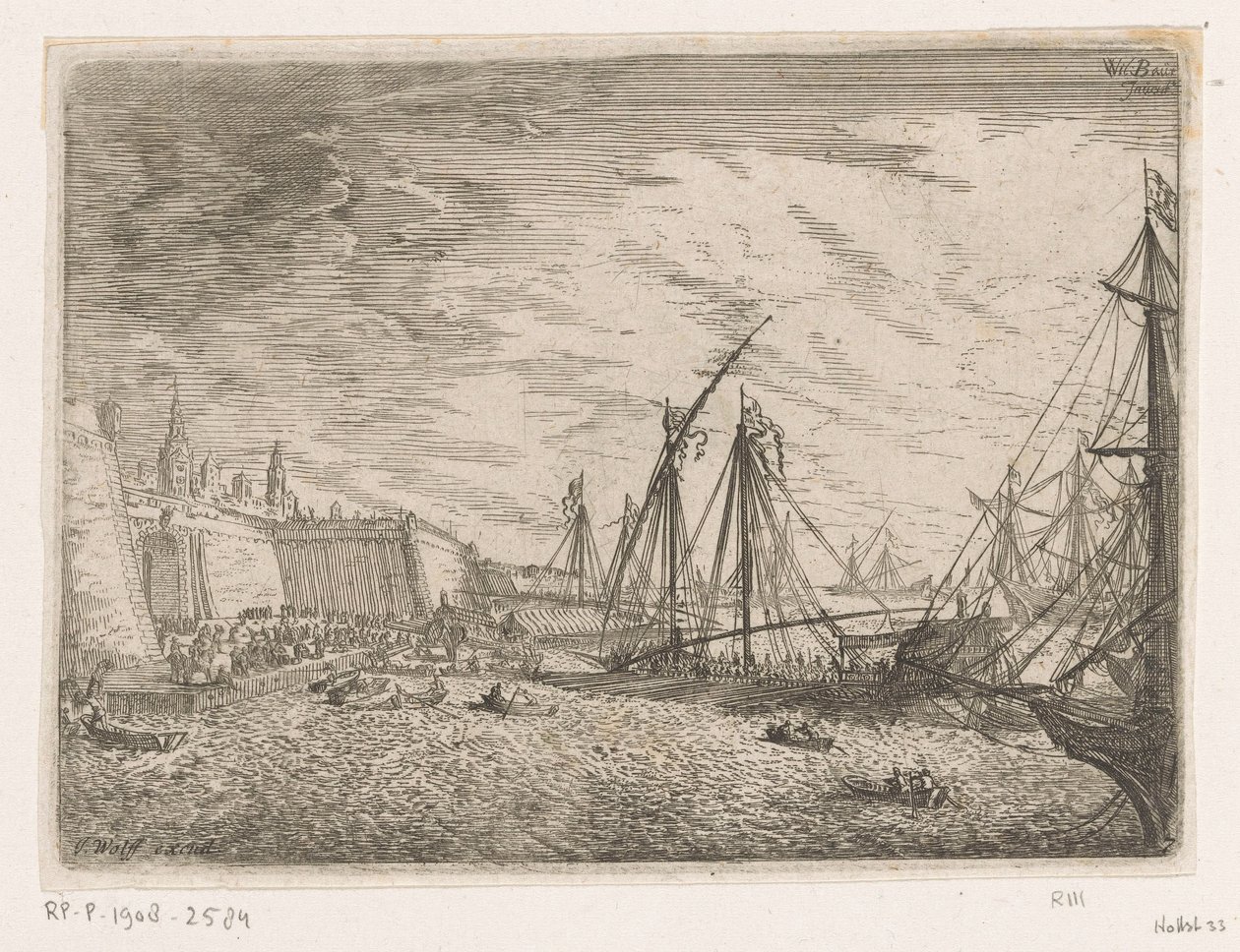 Havengezicht met zeilschepen en galeien voor een stadsmuur door Johann Wilhelm Baur