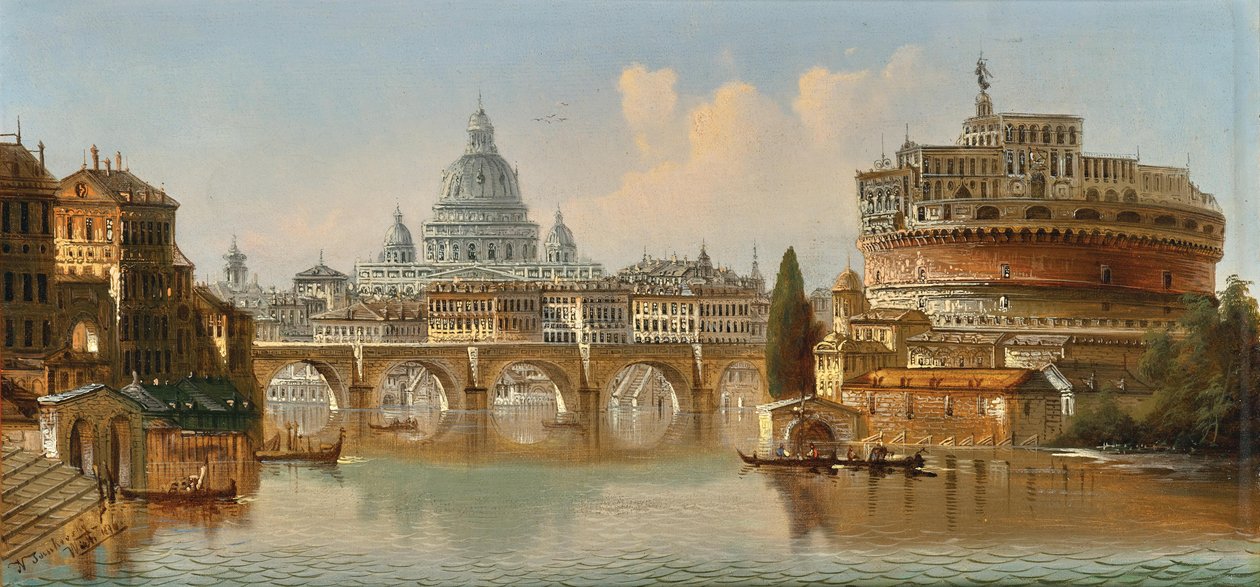 Johann Wilhelm Jankowski Rome Engelsburg en St Peter door Johann Wilhelm Jankowski