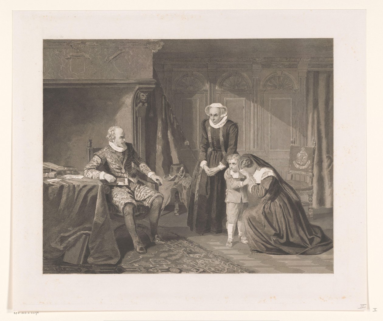 De moeder, vrouw en zoon van Reinier van Oldenbarnevelt smeken Maurits om genade, 1623 door Johann Wilhelm Kaiser (I)