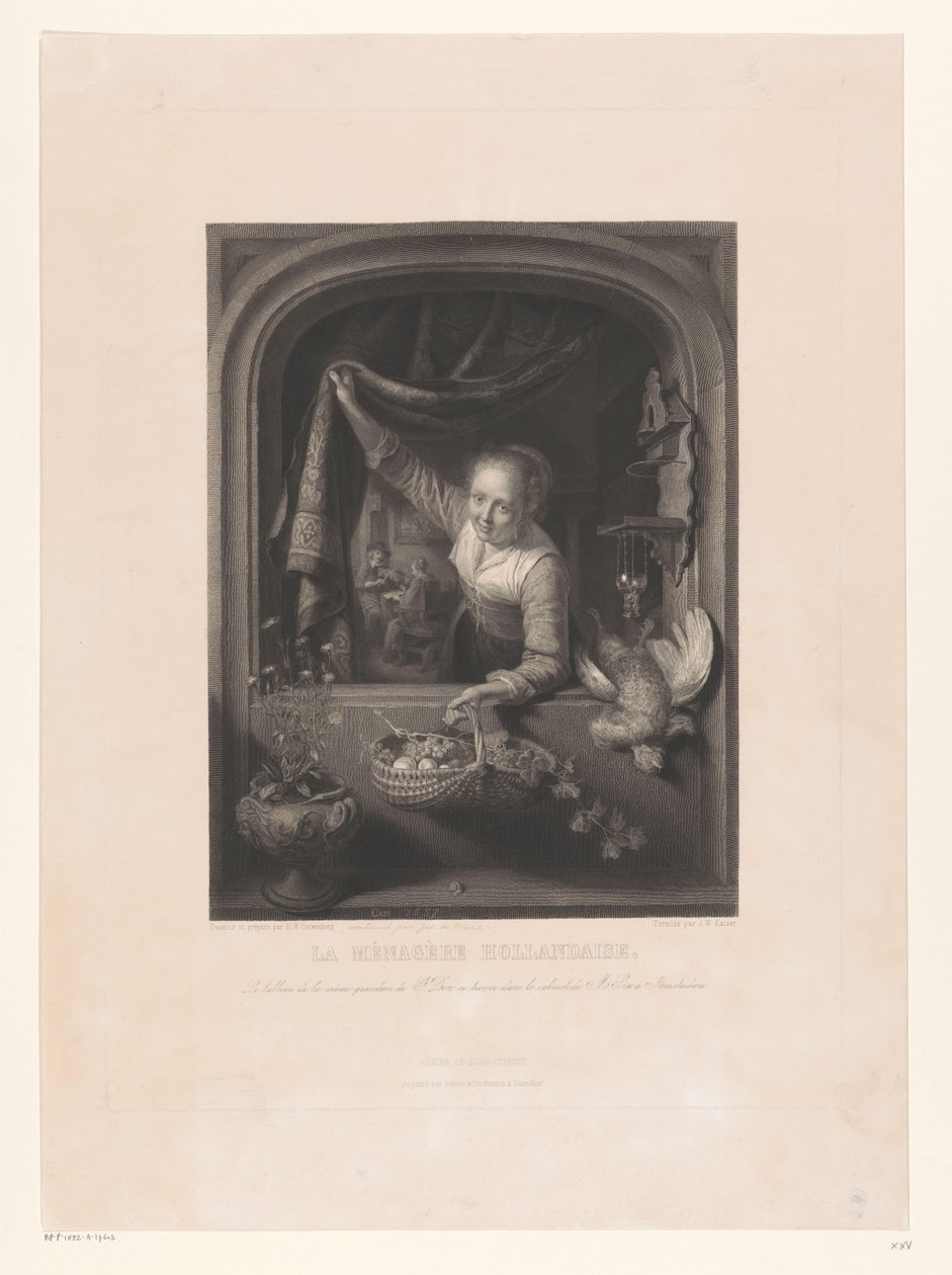 Vrouw met mand met vruchten in de hand bij het raam door Johann Wilhelm Kaiser (I)