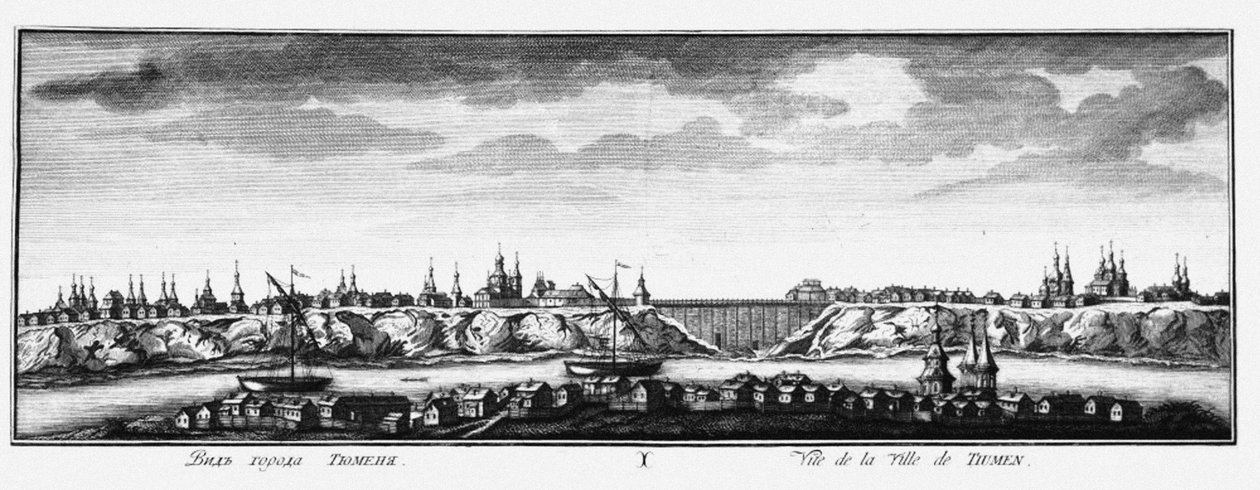 Uitzicht op Tyumen, ca 1735 door Johann Wilhelm Lürsenius