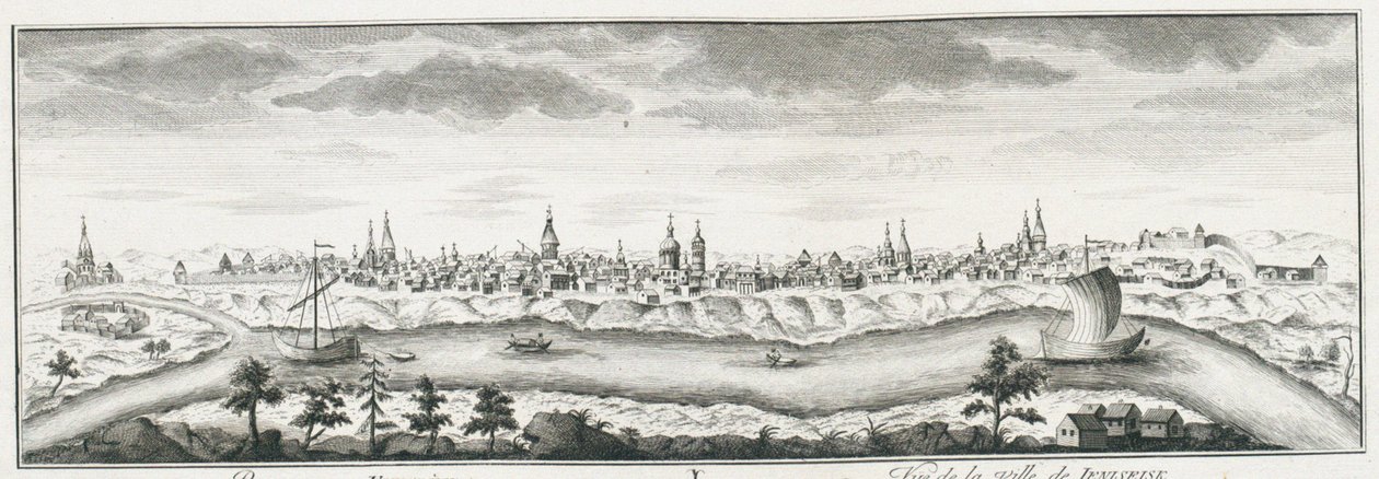 Uitzicht op Yeniseysk, ca. 1735 door Johann Wilhelm Lürsenius