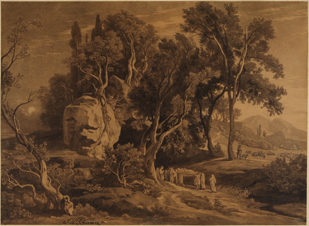 De begrafenis van Abraham in de grot in het bos van Mamre (Genesis 25:9) door Johann Wilhelm Schirmer