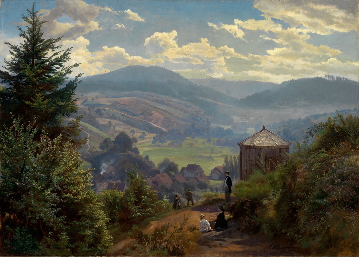 Het dal van Oberbeuern vanaf de Cäcilienberg, ochtend door Johann Wilhelm Schirmer