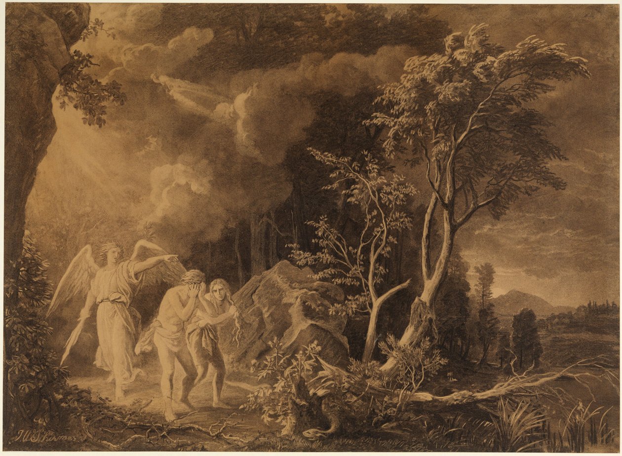 De verdrijving uit het paradijs (Genesis 3:23-24) door Johann Wilhelm Schirmer