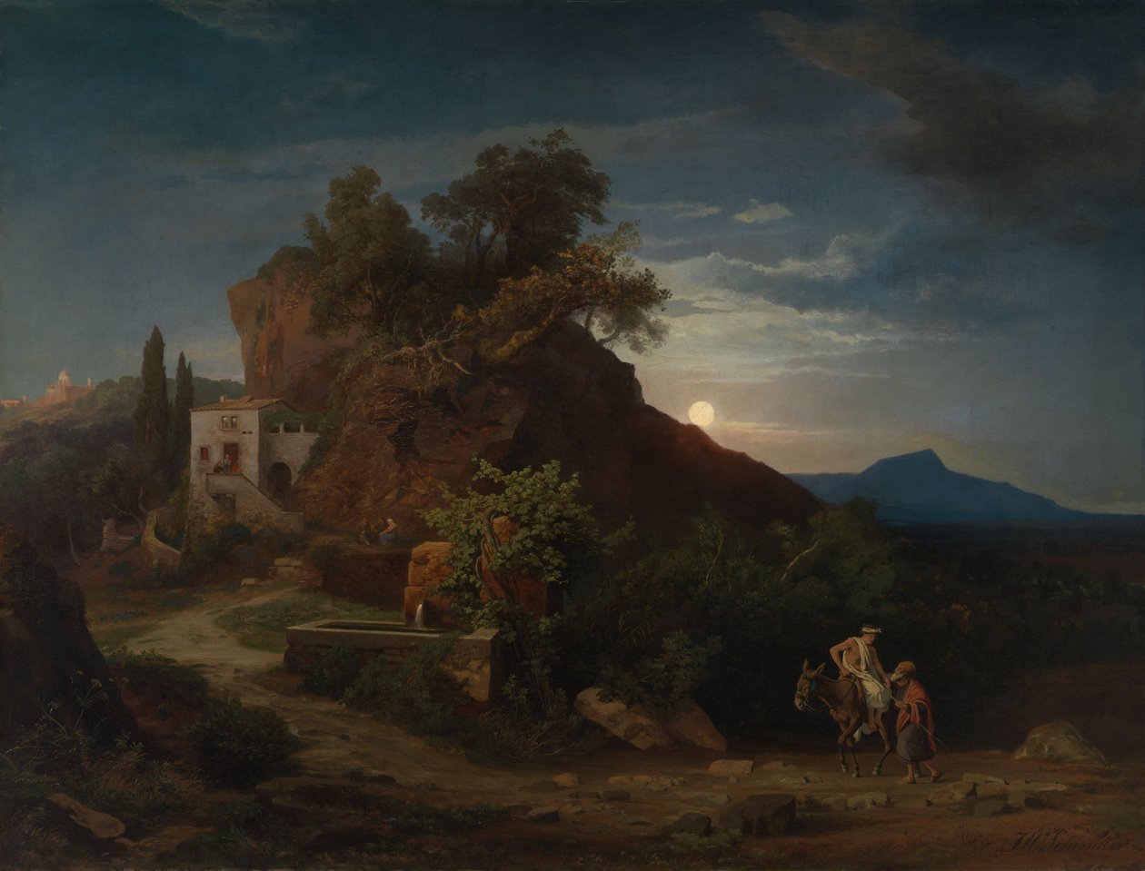 De nacht, de aankomst van de Samaritaan met de gewonde in de herberg door Johann Wilhelm Schirmer