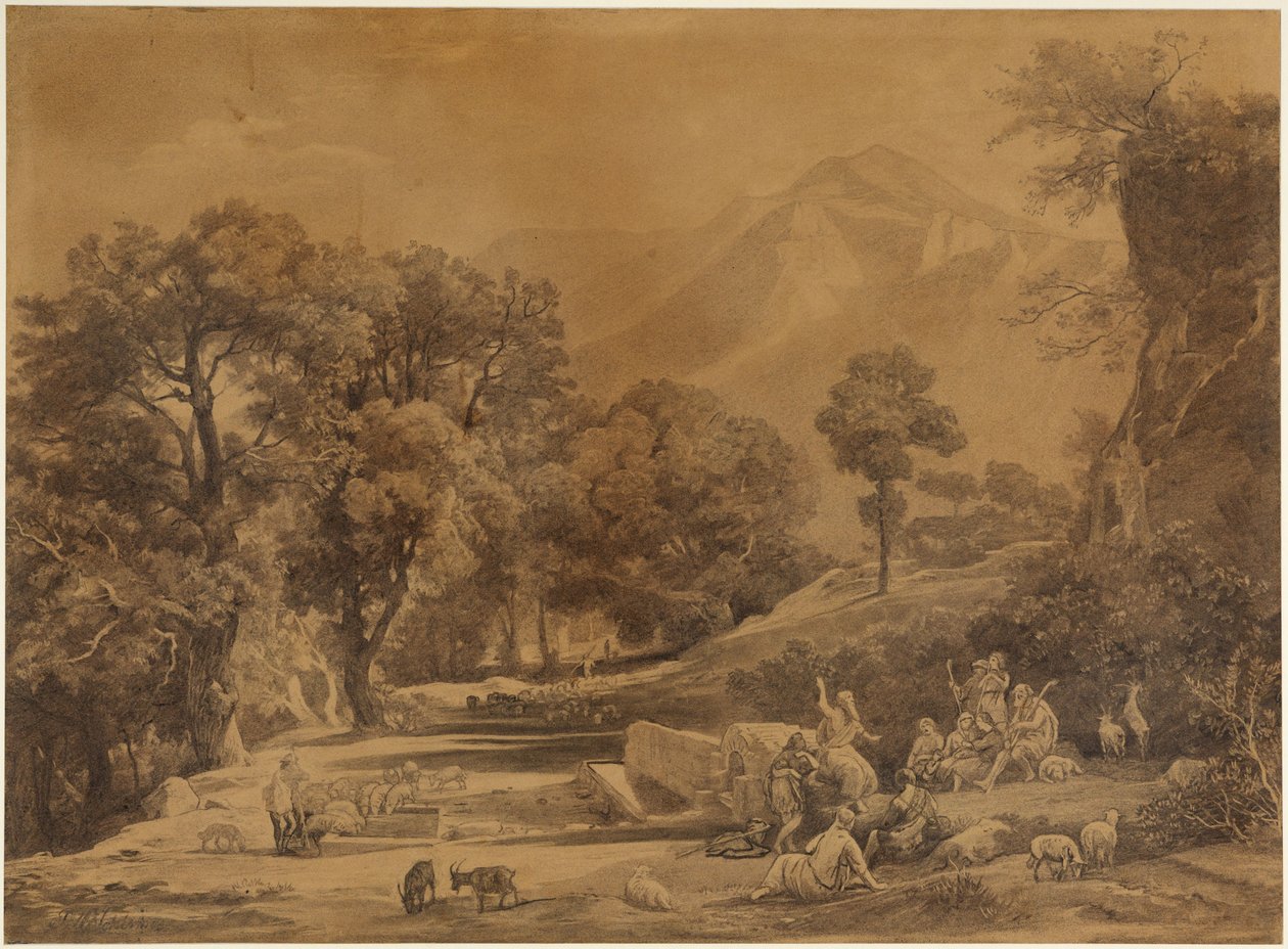 De eerste preek in de stam van Seth voor herders in de bergen (Genesis 4:26) door Johann Wilhelm Schirmer