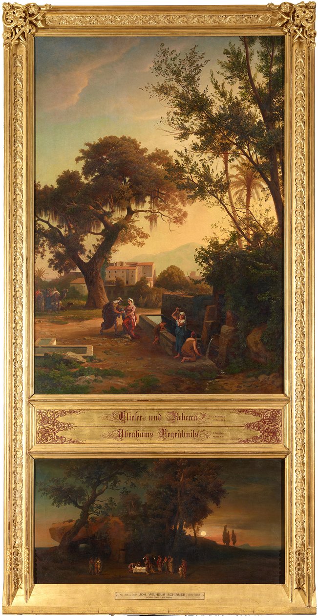 Elieser en Rebekka bij de bron (boven). De begrafenis van Abraham (onder). Uit de cyclus „Twaalf bijbelse landschappen met het verhaal van Abraham” door Johann Wilhelm Schirmer