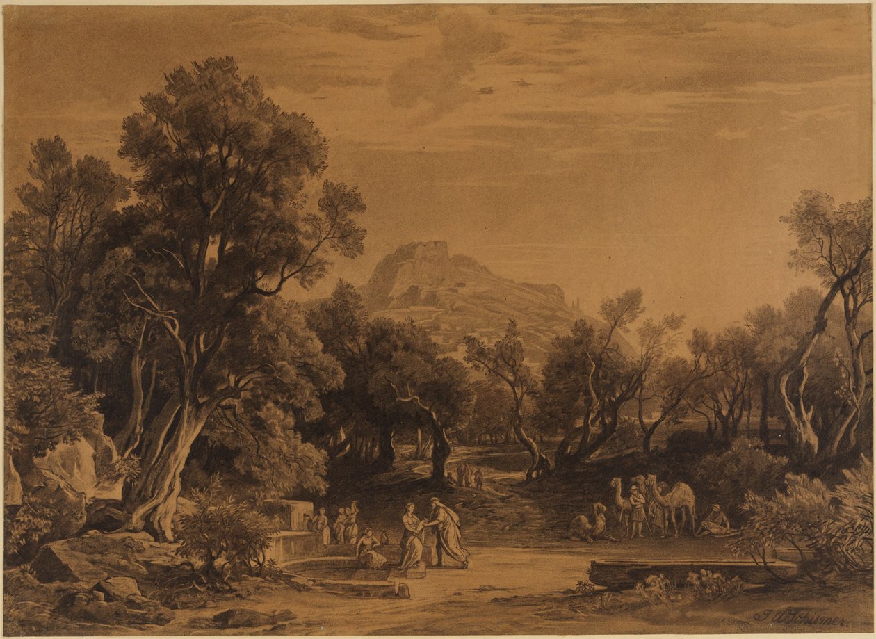 Eliëzer en Rebekka bij de bron (Genesis 24, 17-18) door Johann Wilhelm Schirmer
