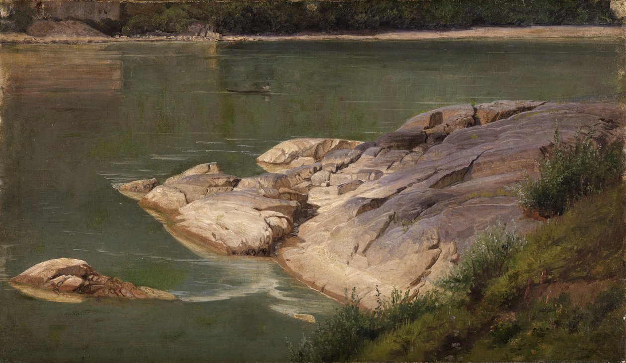 Rotsachtige rivieroever door Johann Wilhelm Schirmer