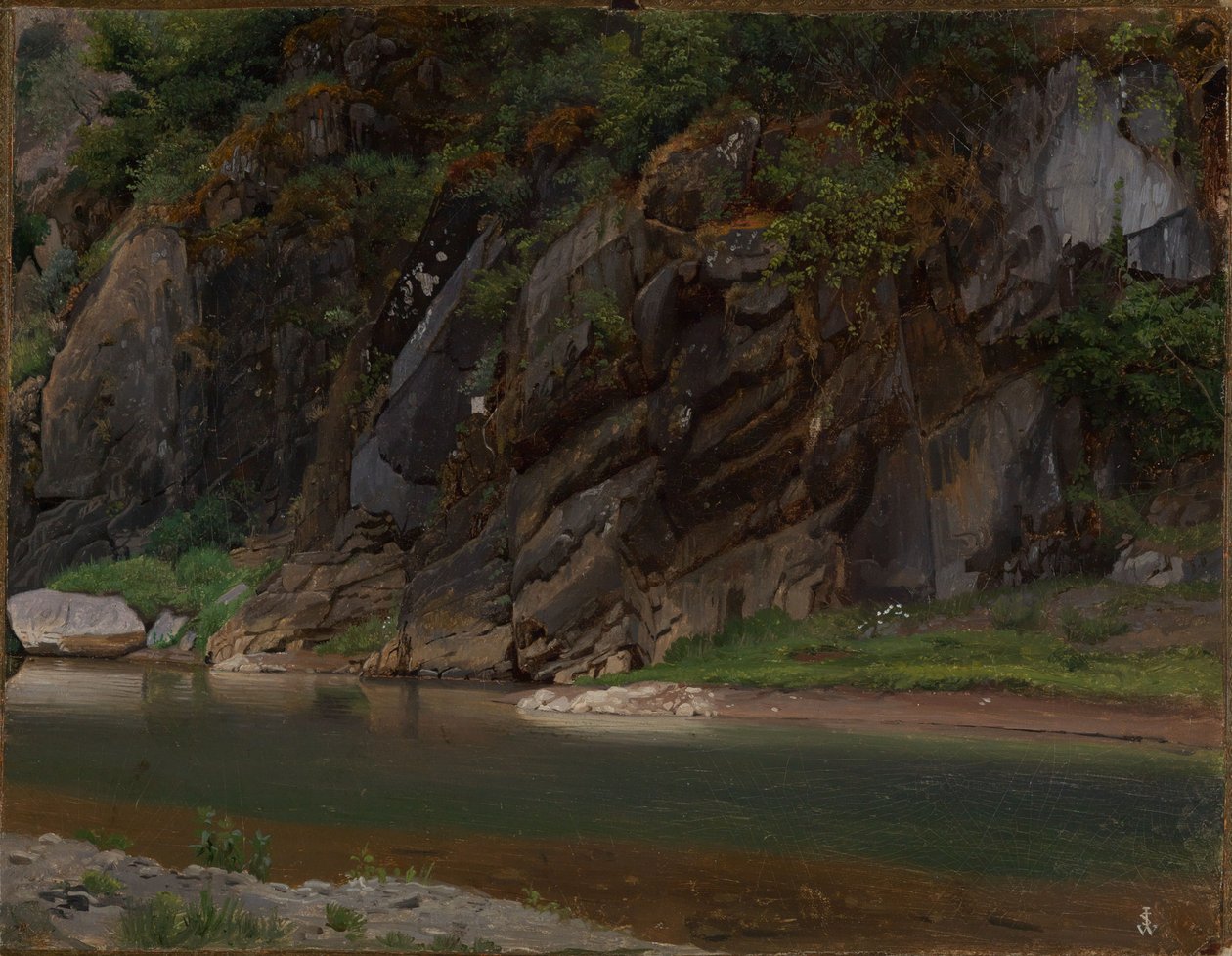 Rivier met rotsachtige oevers door Johann Wilhelm Schirmer