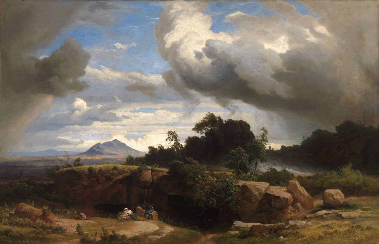 Naderend onweer in de Romeinse Campagna door Johann Wilhelm Schirmer