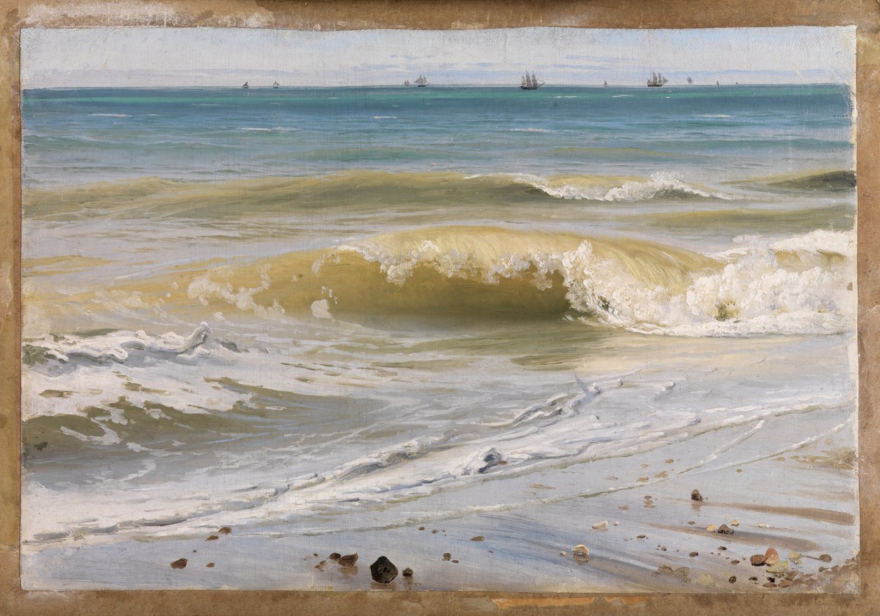 Zeebrand met schepen in de verte door Johann Wilhelm Schirmer