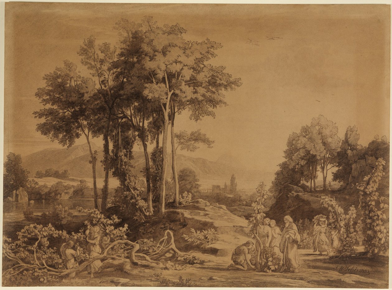 Noach plant wijngaarden (Genesis 9, 20) door Johann Wilhelm Schirmer