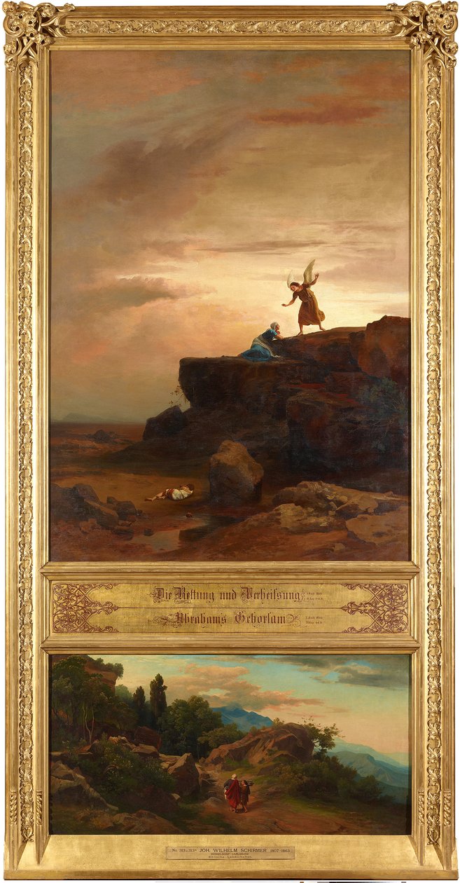 Redding en belofte (boven). De tocht van Abraham en Isaak naar het offer (onder). Uit de cyclus „Twaalf bijbelse landschappen met het verhaal van Abraham” door Johann Wilhelm Schirmer
