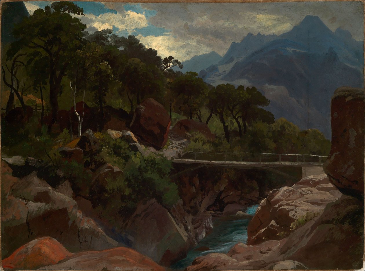 Zwitserse bergrivier met voetbrug door Johann Wilhelm Schirmer