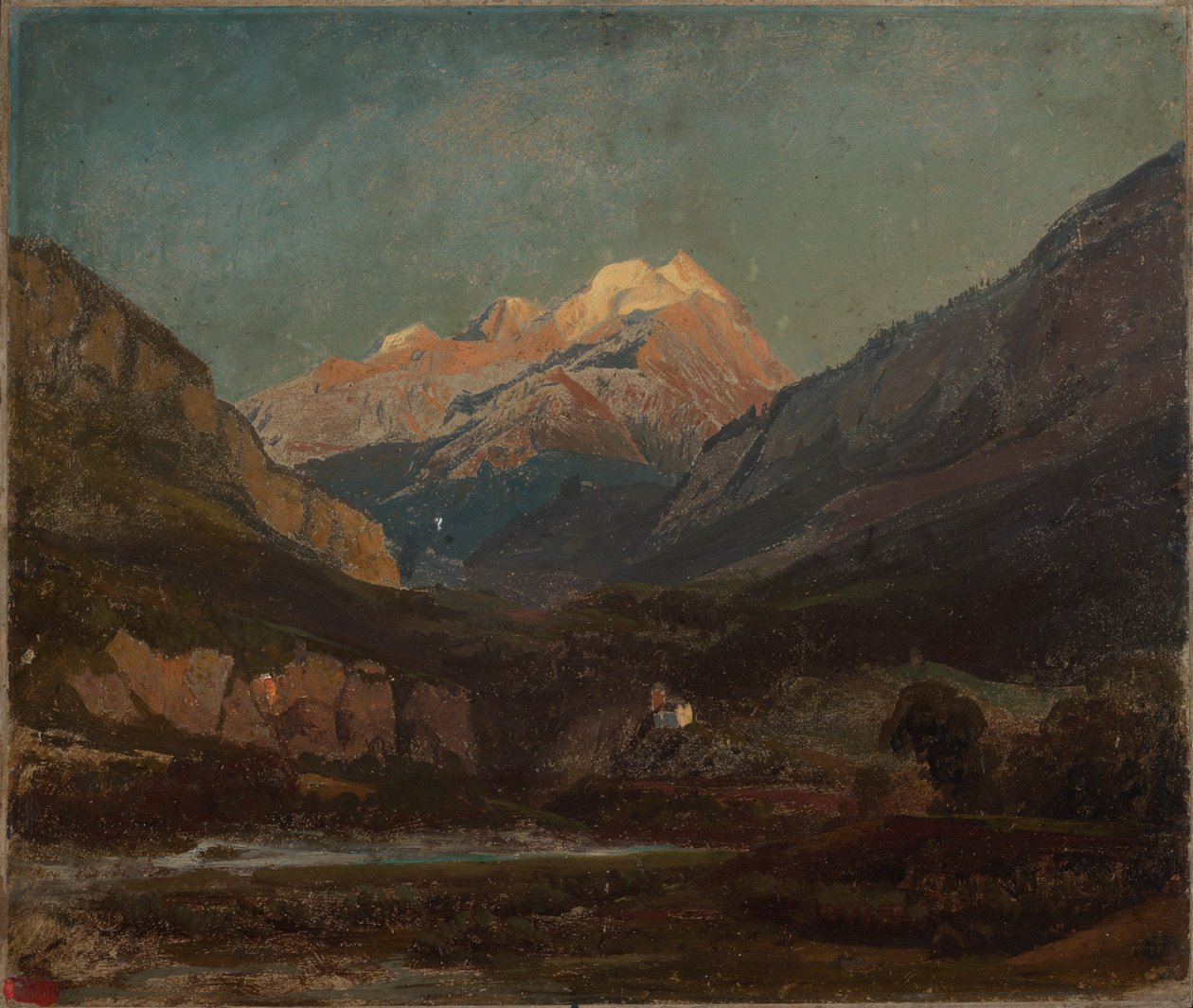 Zwitsers berglandschap met kapel en verre besneeuwde bergtop door Johann Wilhelm Schirmer