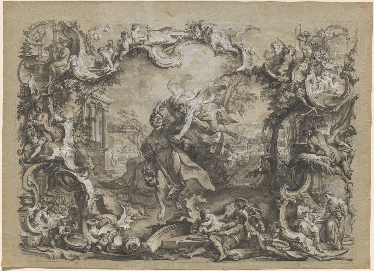 De Engel die Habakuk bij zijn haar wegvoert, omgeven door een uitgebreide rococo lijst door Johann Wolfgang Baumgartner