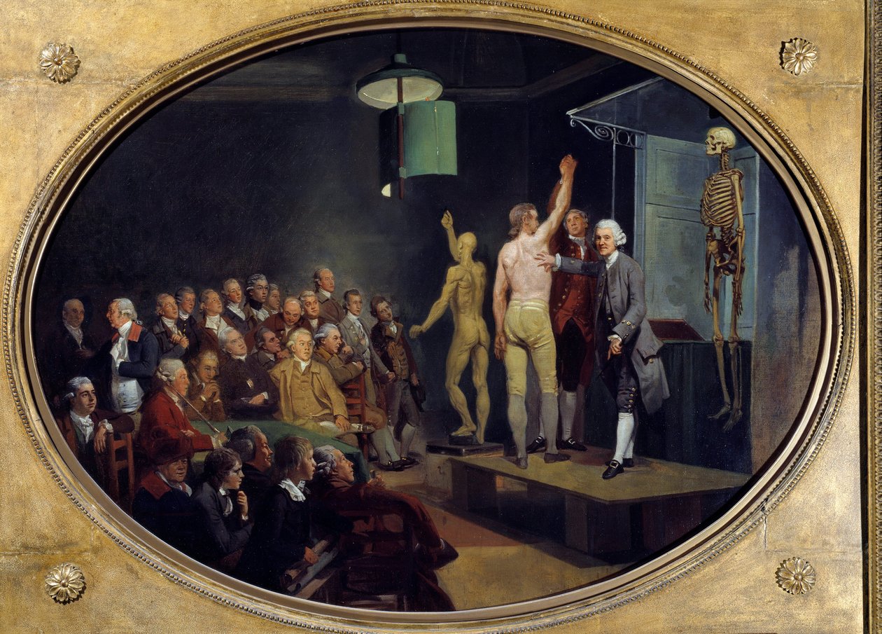 Lezing door William Hunter (1718-1783), Schotse anatoom aan de Koninklijke Academie. door Johann Zoffany