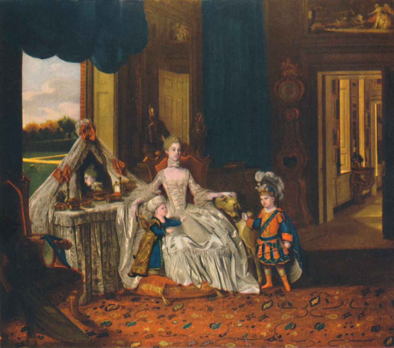Koningin Charlotte in kleedkamer met prins en hertog in kostuum, ca. 1766, 1948 door Johan Joseph Zoffany