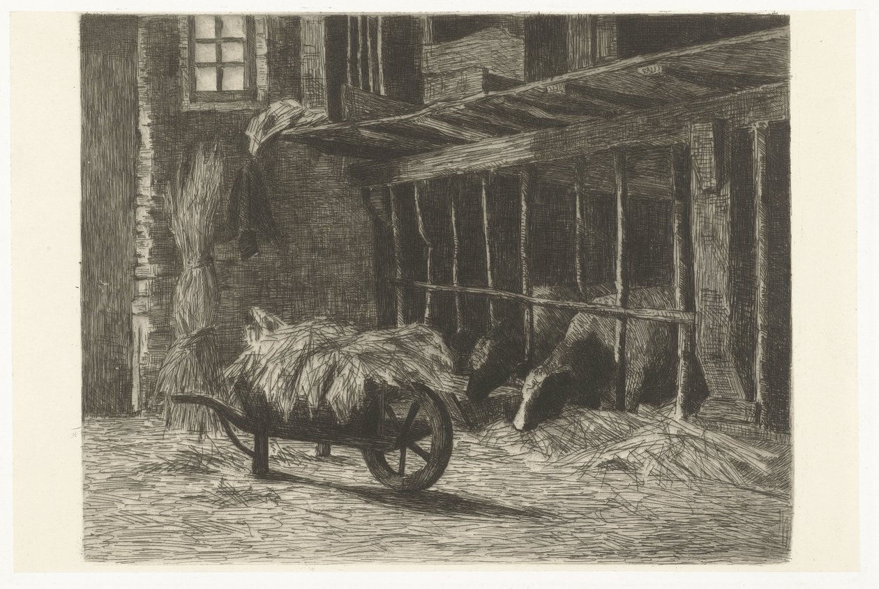 Interieur van stal met koeien en kruiwagen met hooi door Johanna Henriëtte Besier