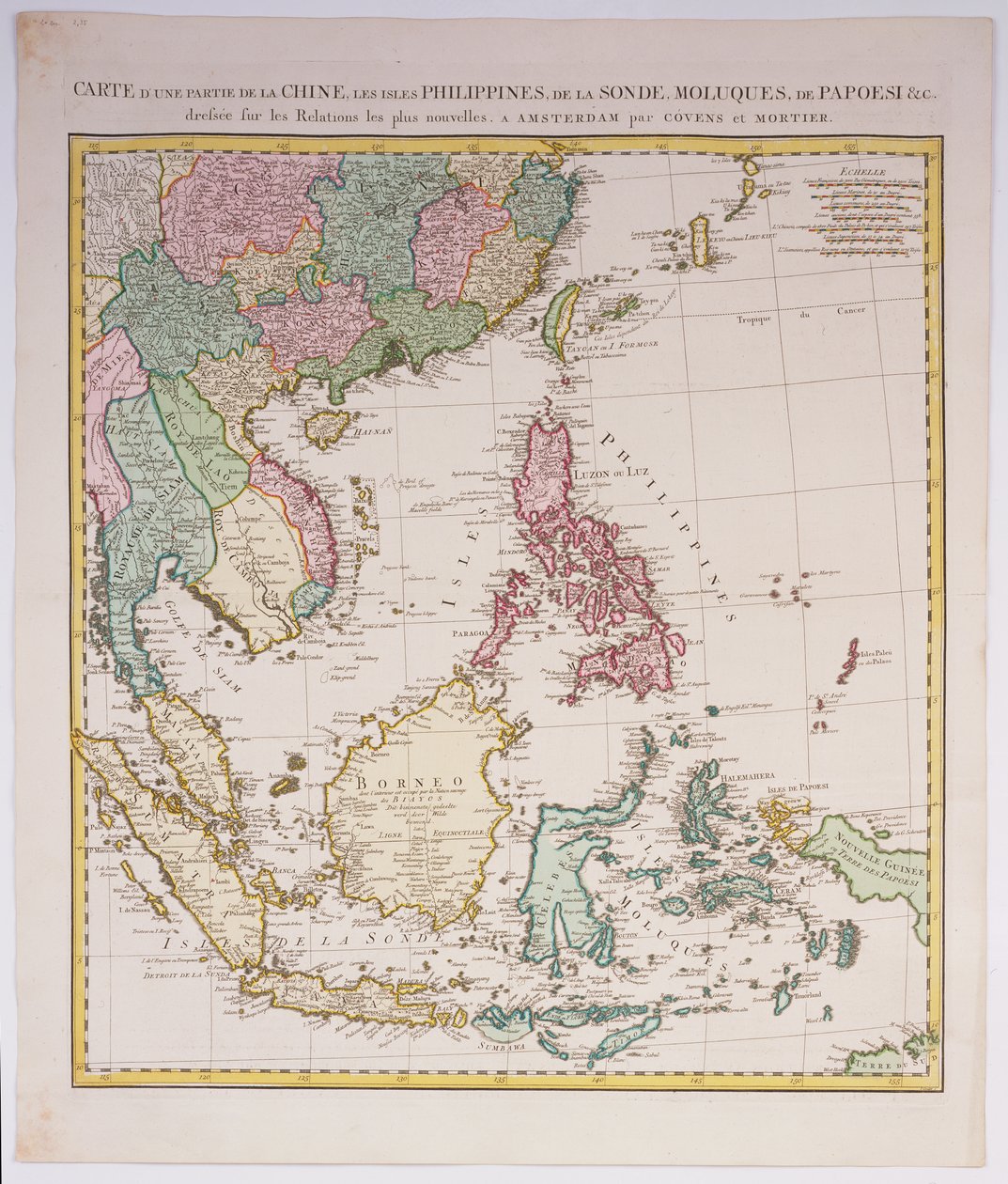 Zuid-Azië van China tot Nieuw-Guinea, inclusief de Indonesische archipel en de Filippijnen, ca. 1700 door Johannes and Mortier, Cornelis Covens