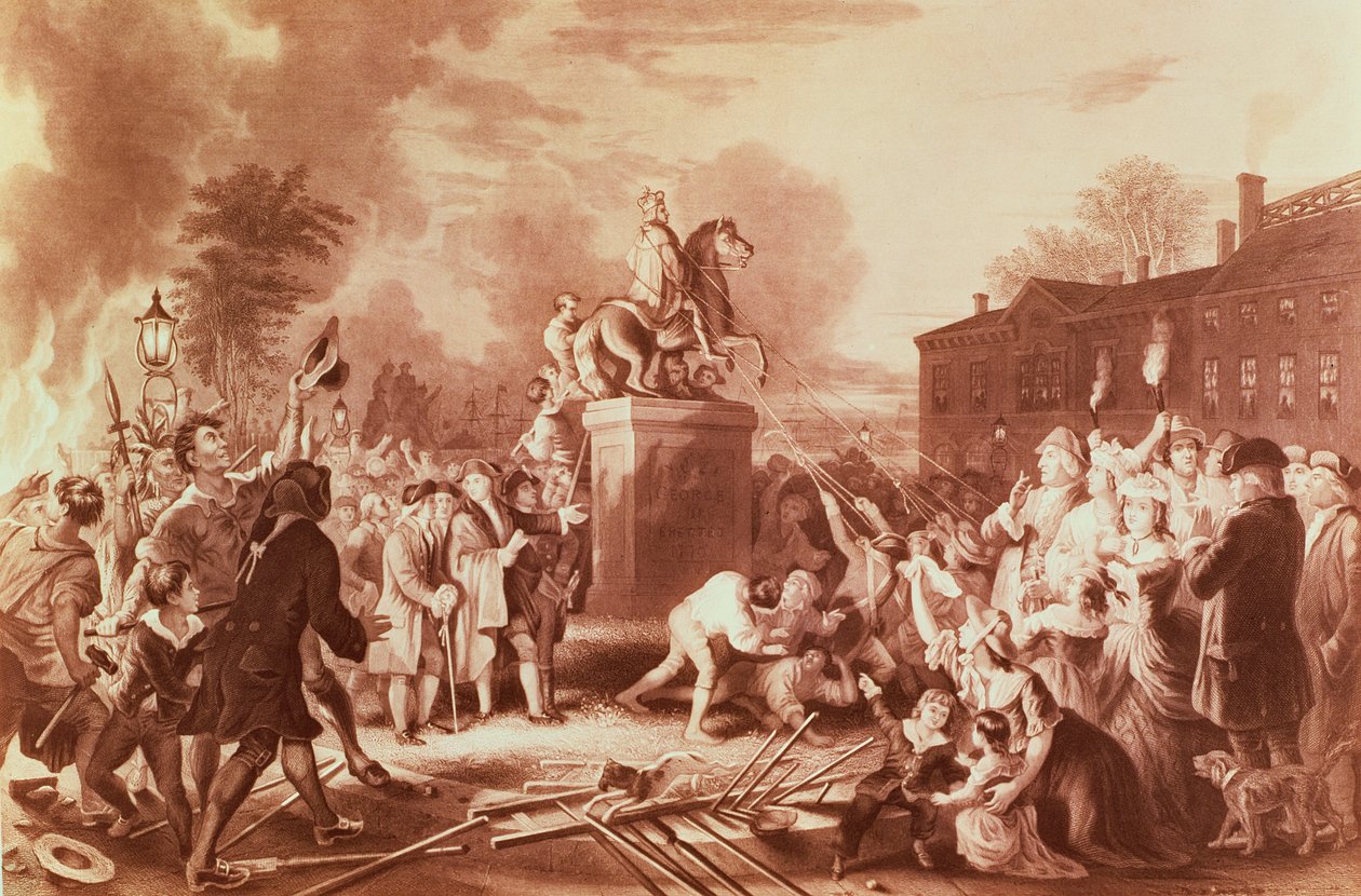 Het Neerhalen van het Standbeeld van George III in de Bowling Green in 1776, gegraveerd door John C. McRae door Johannes Adam Simon Oertel