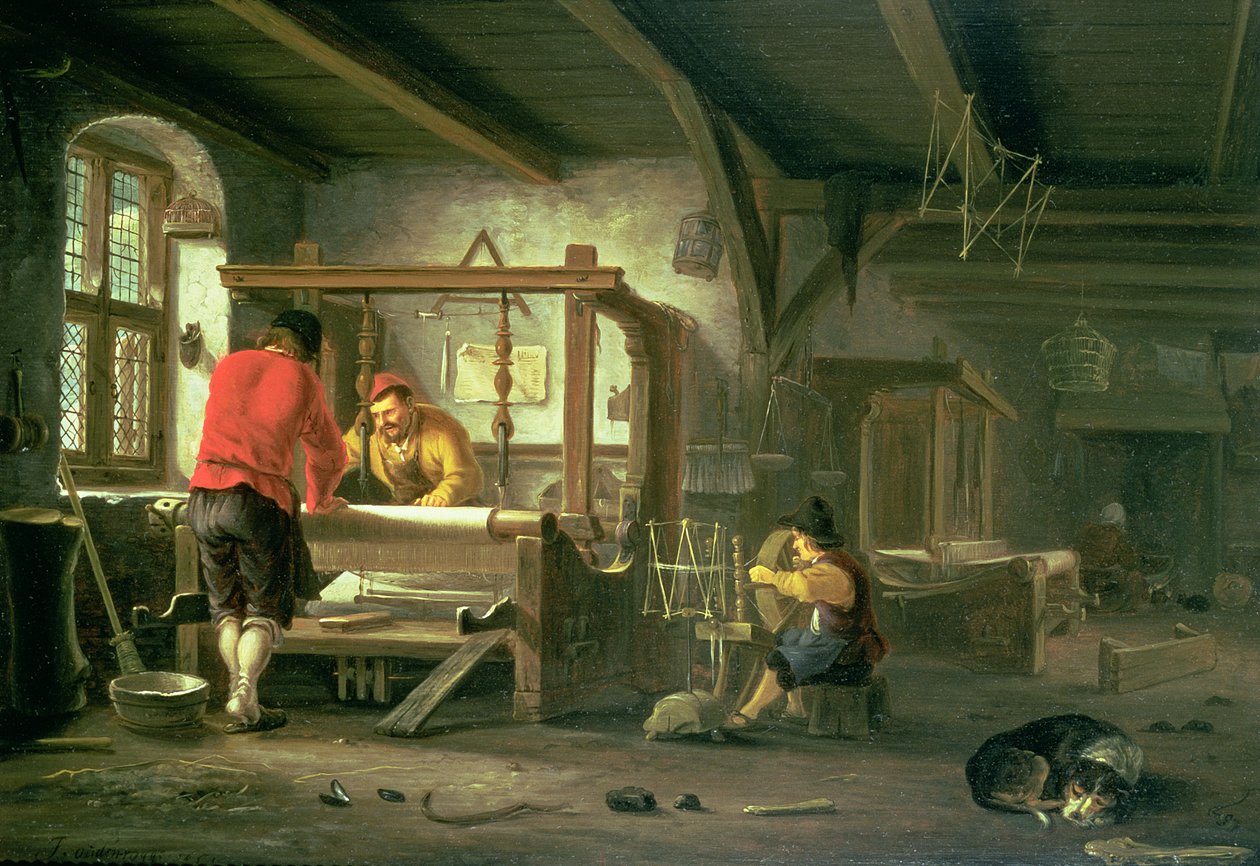Een weverswerkplaats door Johannes Dircksz van Oudenrogge