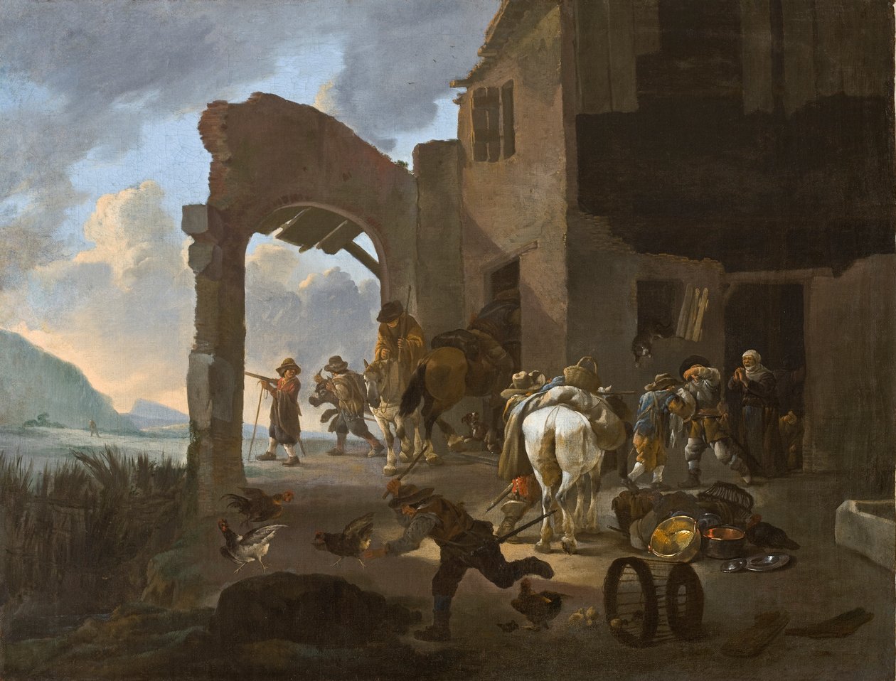 Soldaten plunderen een Boerenfamilie, ca. 1650 door Johannes Lingelbach
