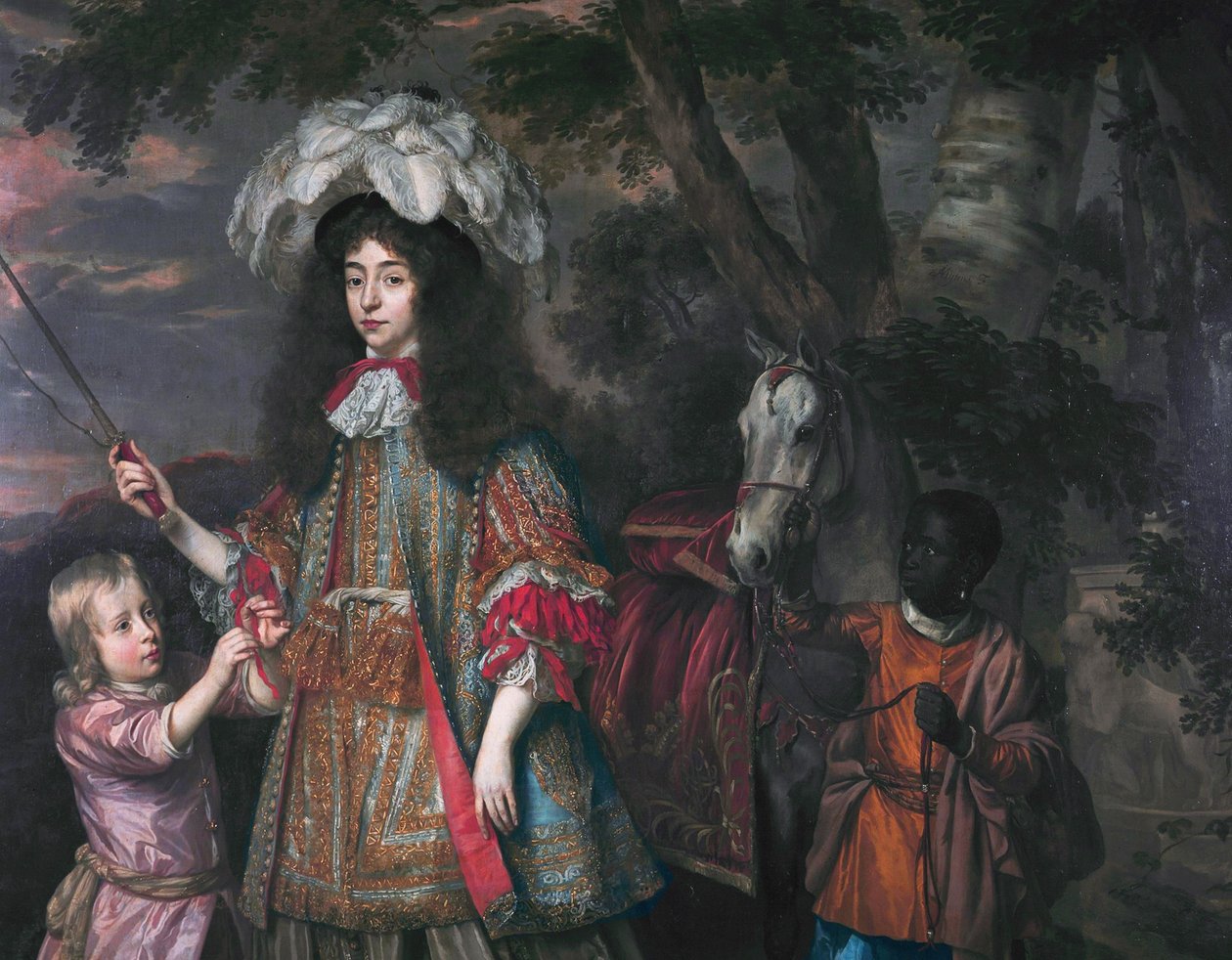 Portret van Maria van Oranje (1642-1688), met Hendrik van Zuijlestein (d. 1673) en een dienaar door Johannes Mytens