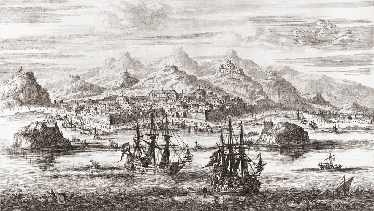 Nederlandse schepen voor Muscat, Oman in de 17e eeuw door Johannes (after) Kip