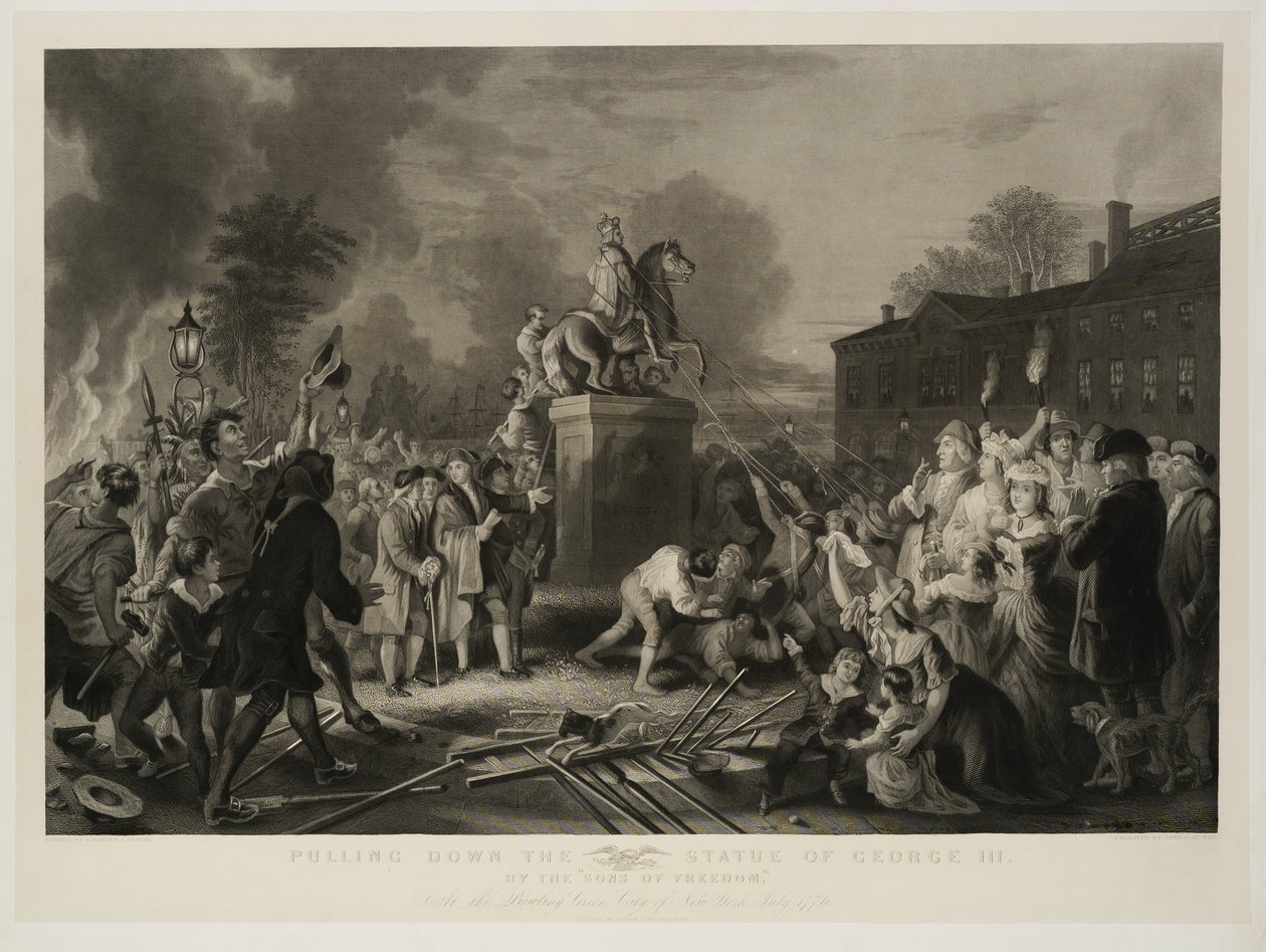 Het neerhalen van het standbeeld van George III door de Sons of Freedom, op de Bowling Green, New York City, juli 1770, gegraveerd door John C. McRae door Johannes Adam Simon Oertel