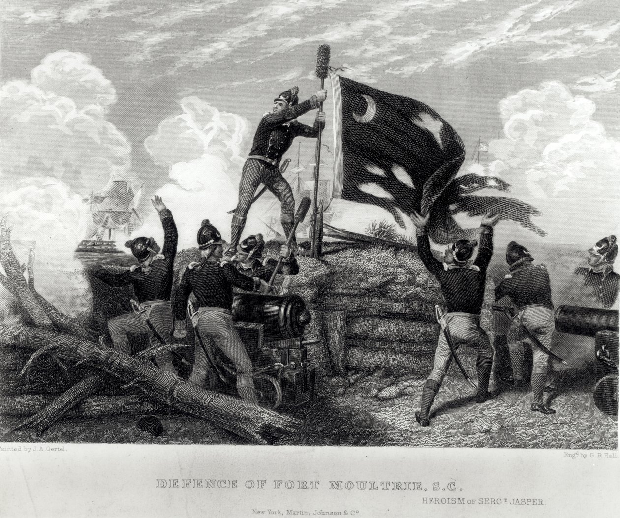 De Heldhaftigheid van Sergeant William Jasper bij de Verdediging van Fort Moultrie, South Carolina, 12 mei 1780, gegraveerd door G.R. Hall door Johannes Adam Simon Oertel
