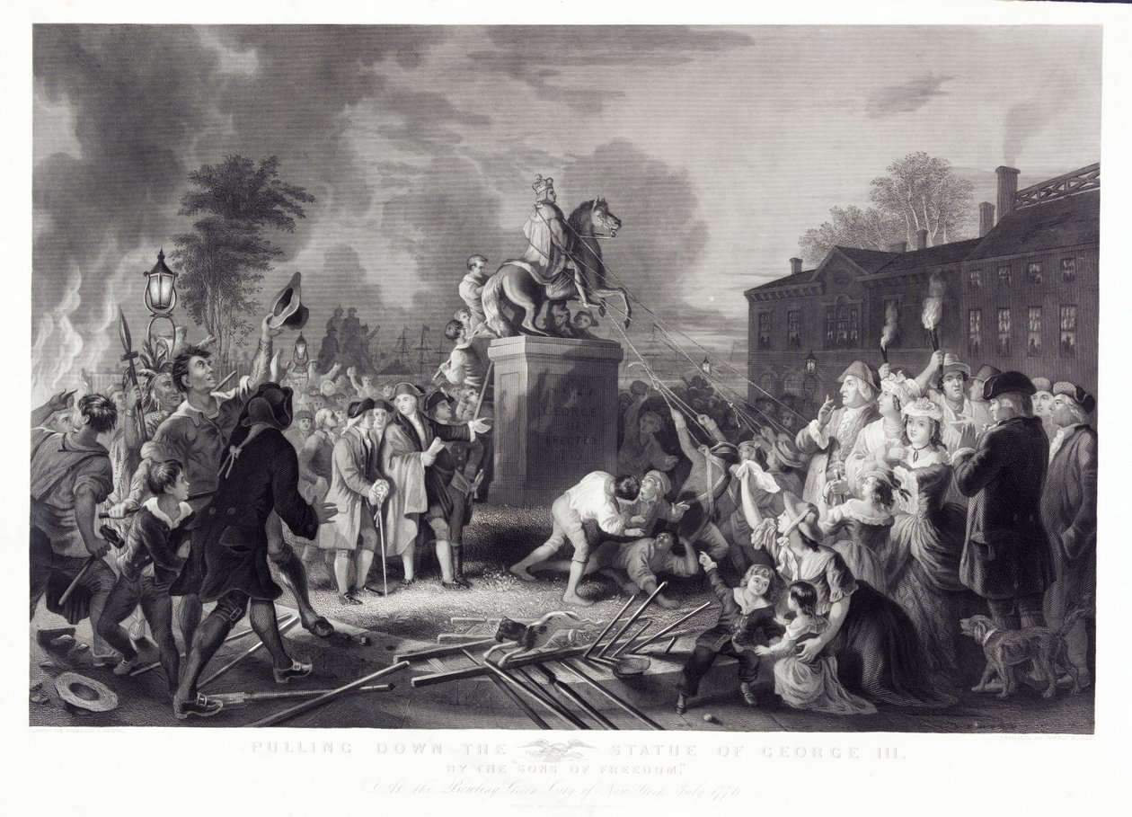 Het neerhalen van het standbeeld van George III door de Zonen van de Vrijheid, op de Bowling Green, New York, juli 1776, uitgegeven 1875 door Johannes Adam Simon after Oertel