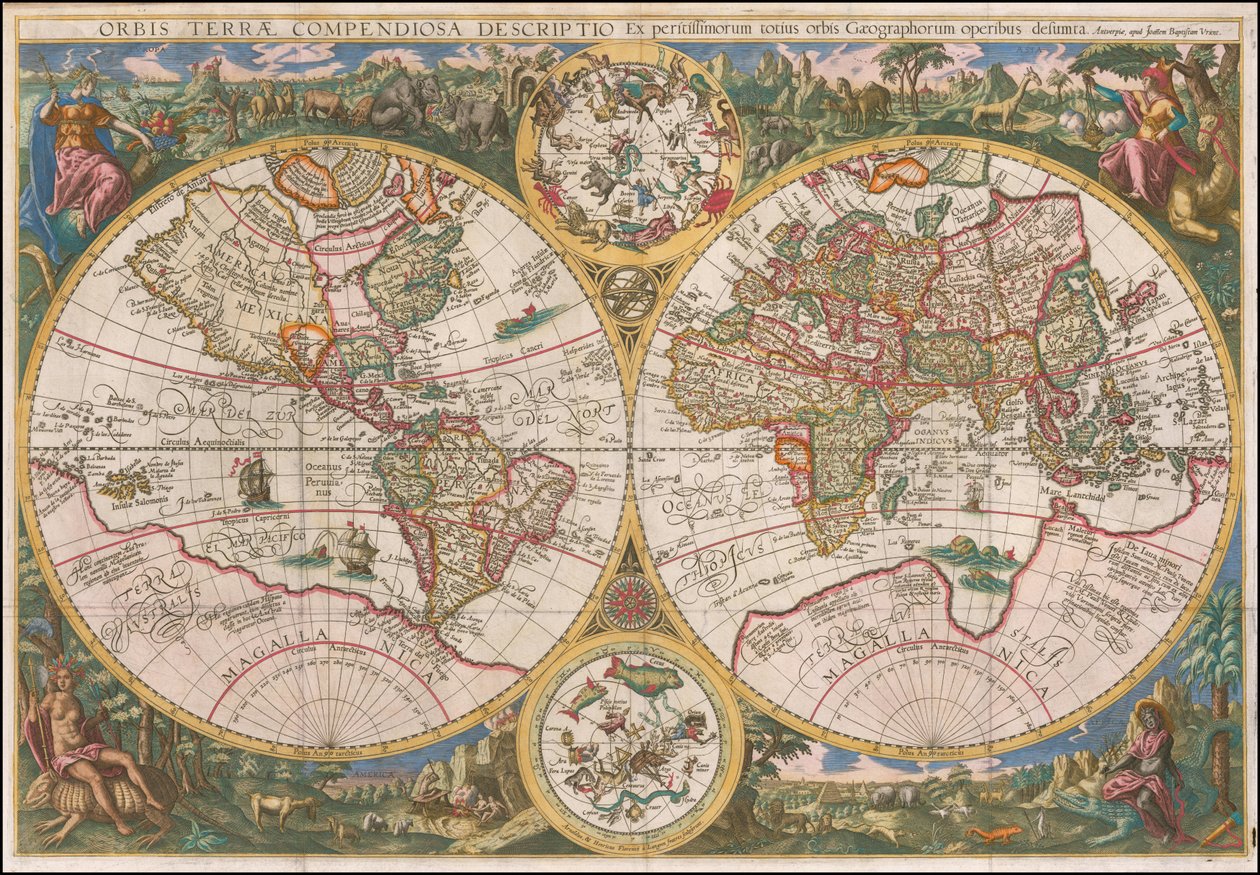 1596 kaart van de wereld - Orbis Terrae Compendiosa Descriptio Ex peristissimorum totius orbis Gaeographorum operibus desumpta door Johannes Baptista Vrints