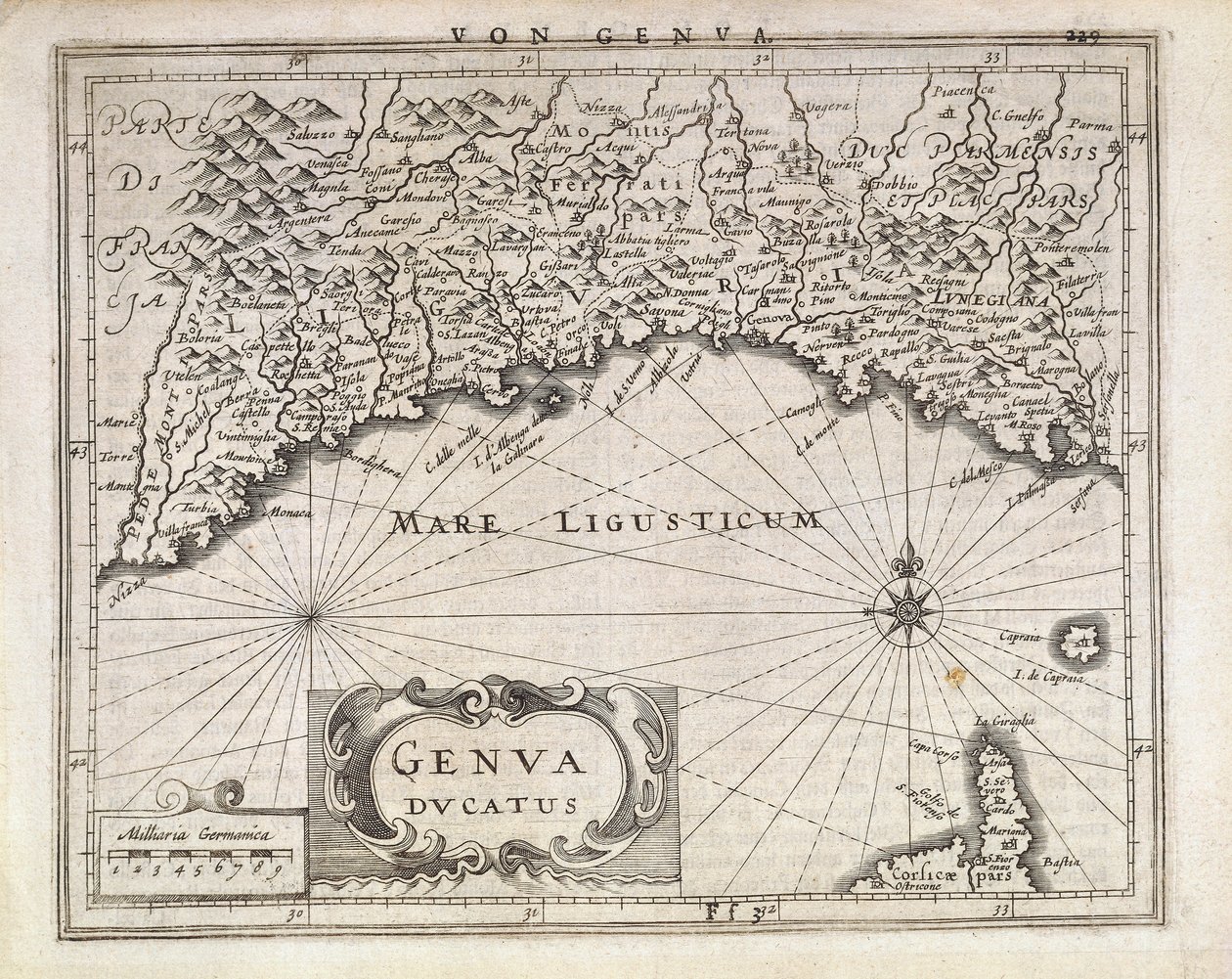 Hertogdom Genua, kaart door Jan Baptist Vrients uit Duitse atlas, kopergravure, helft van de 17e eeuw door Johannes Baptista Vrints