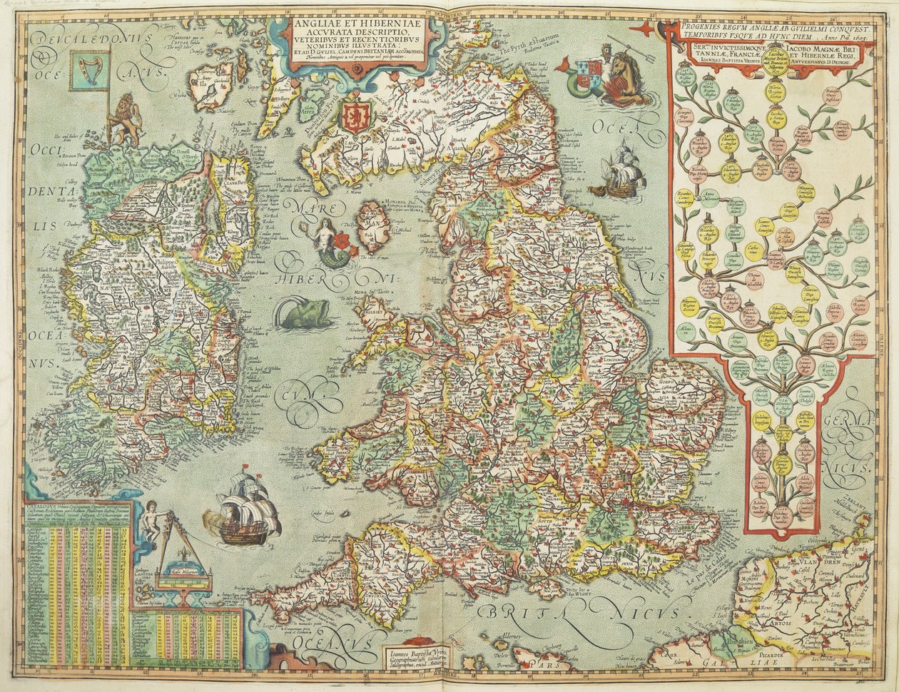 Kaart van Engeland en Ierland getekend in 1606 (gekleurde gravure) door Johannes Baptista Vrints