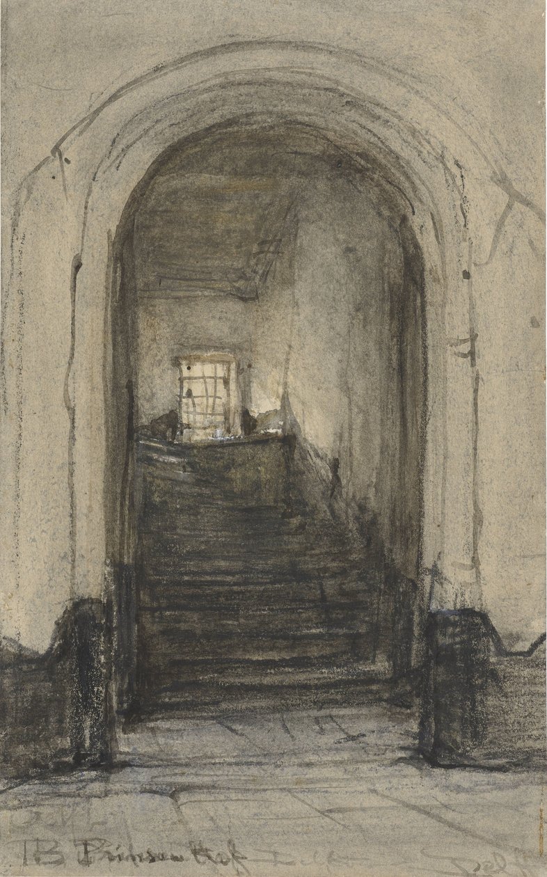 De trap in het Prinsenhof te Delft, waar prins Willem I werd vermoord in 1584 door Johannes Bosboom