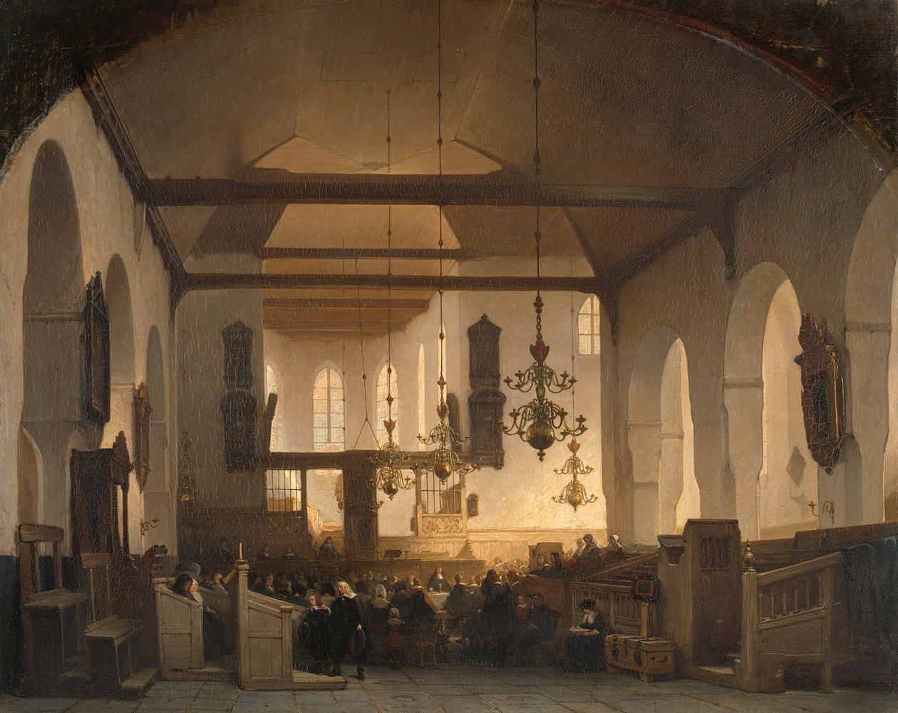 Interieur van de Geertekerk in Utrecht met de viering van het Heilig Avondmaal door Johannes Bosboom