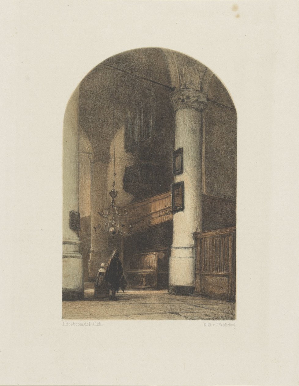 Kerkinterieur met twee figuren en orgel door Johannes Bosboom