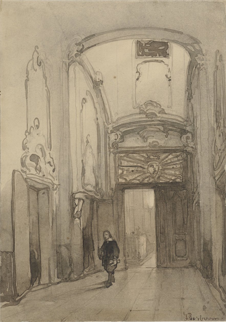 Rococo portaal in het stadhuis in Den Haag met een man in zeventiende-eeuws kostuum door Johannes Bosboom