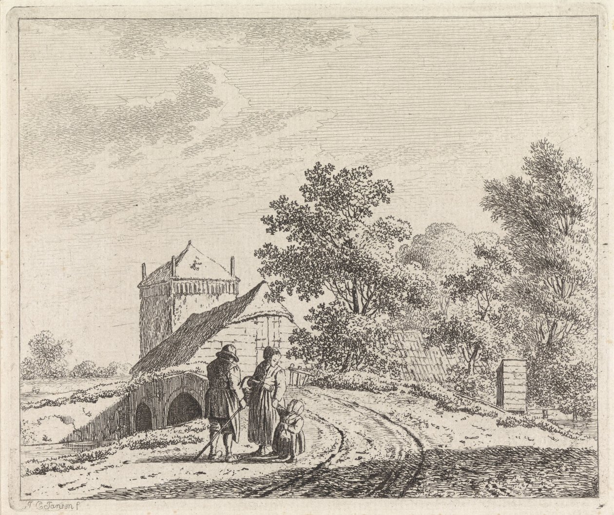 Landschap met stenen brug door Johannes Christiaan Janson