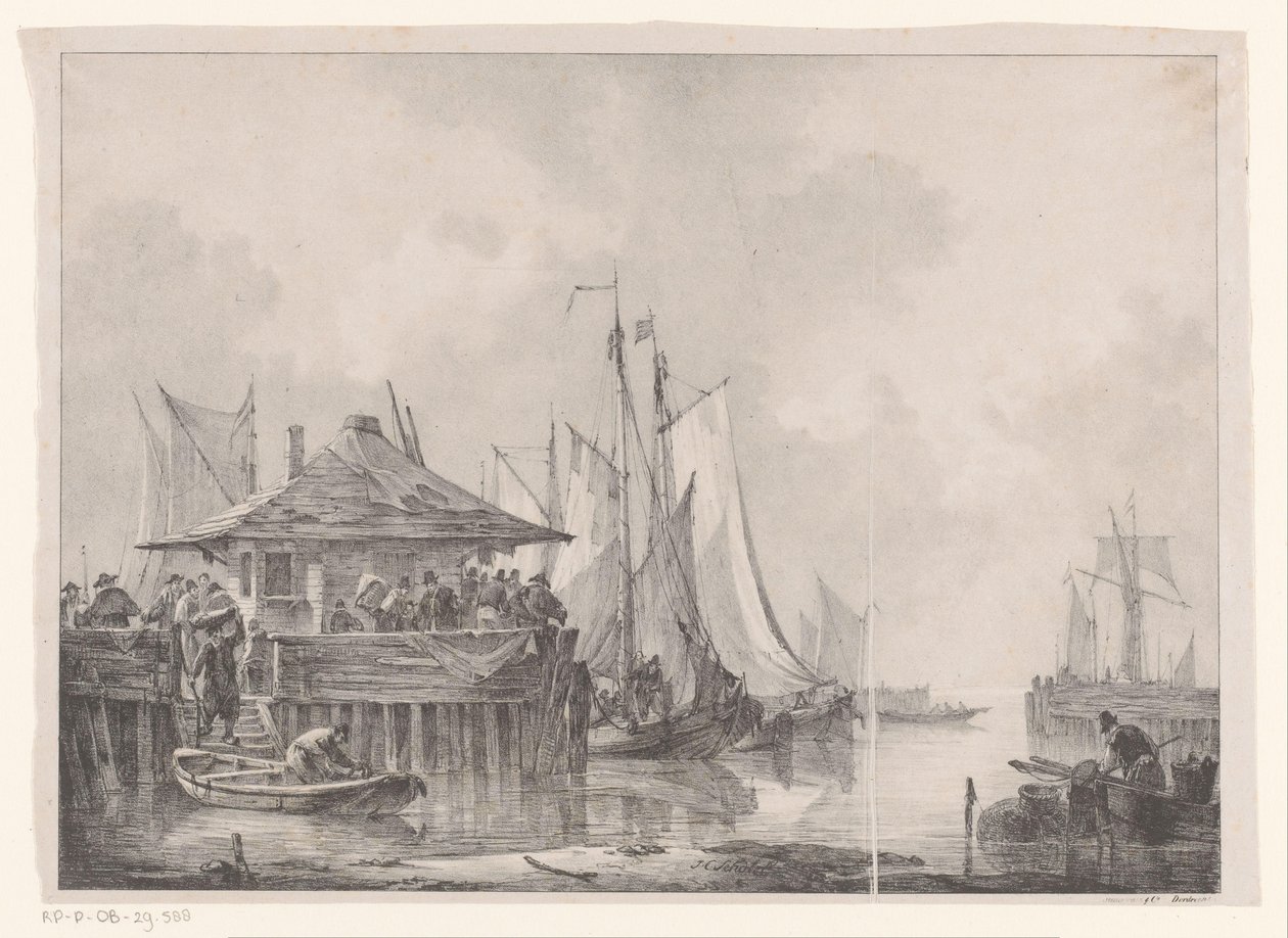 Drukte in een haven door Johannes Christiaan Schotel