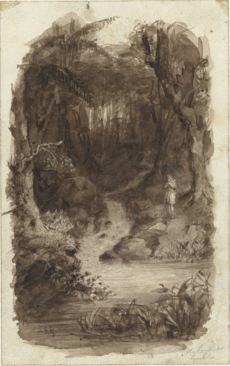 Man in tropisch bos, staande bij water door Johannes Christiaan d