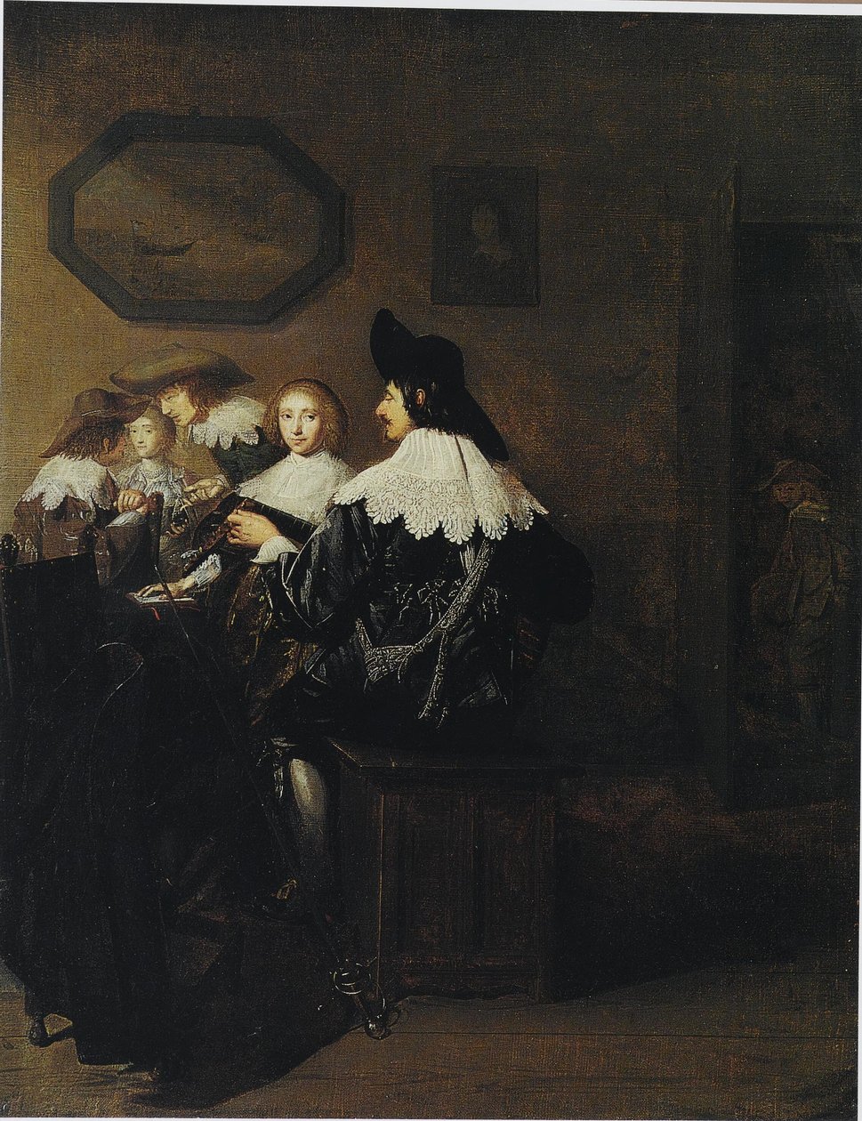 Gezelschap met een man die luit speelt, zittend aan een tafel door Johannes Cornelisz Verspronck